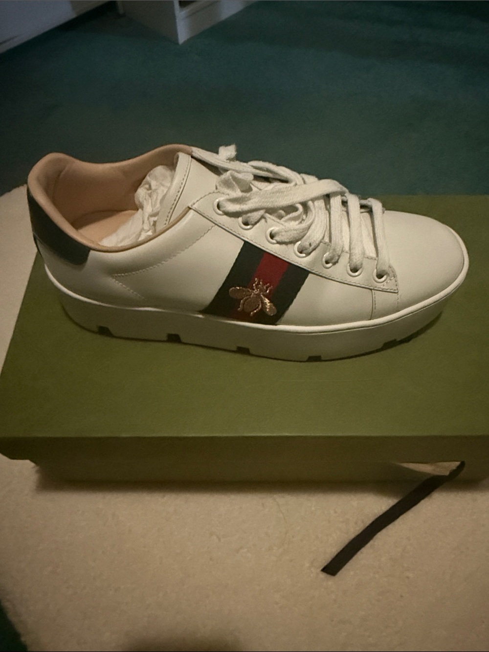 Gucci White Leather Sneaker with Green and Red Stripe and Gold Bee Accent